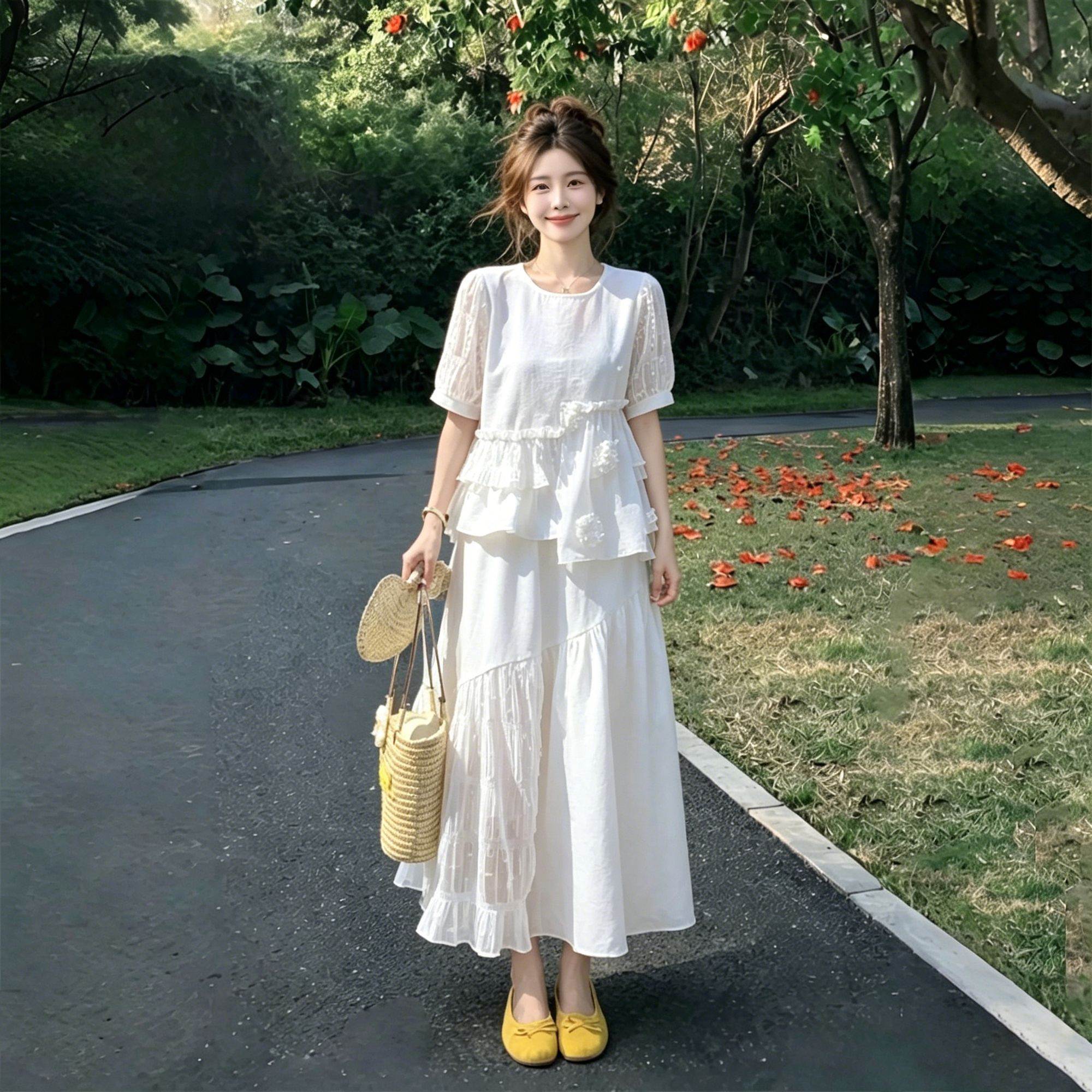 立体花朵半身裙套装夏季2026新款法式白色两件套一整套