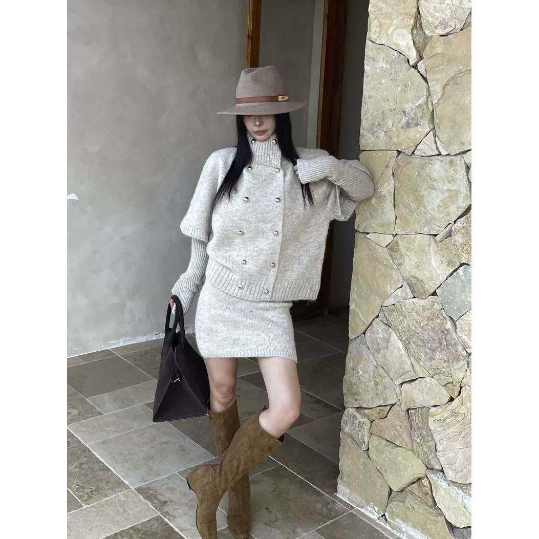 慵懒风双排口短袖针织毛衣套装裙女配袖套修身高腰包臀短裙两件套