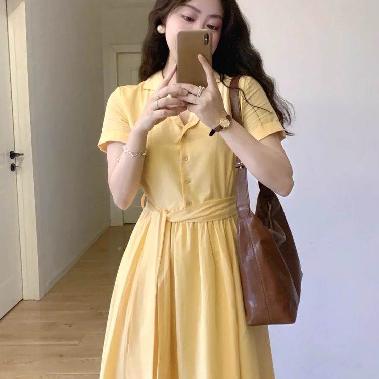 法式简约气质黄色领衬衫连衣裙女夏季新款高级感收腰显瘦字长裙