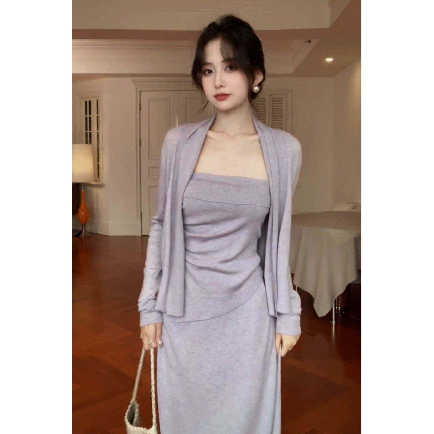 2026新款温柔风紫色吊带连衣裙子女早春季针织开衫内搭长裙三件套