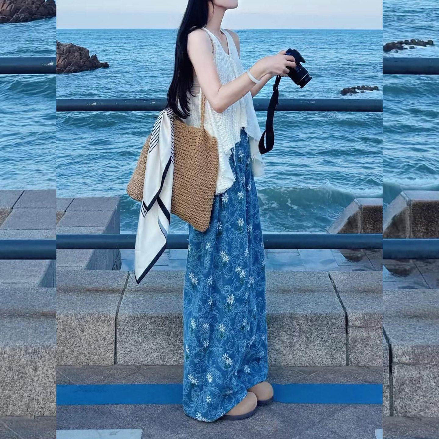 高档气质简约蓝色碎花阔腿裤2026夏季新款薄款休闲百搭梨形直筒裤