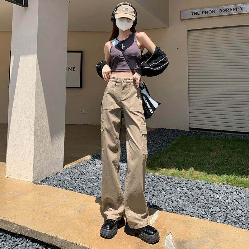 卡其色高腰显瘦直筒牛仔裤女春夏欧美高街工装裤子潮