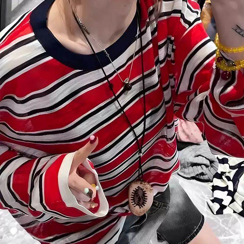 夏季新款老钱风设计感圆领美式微透休闲撞色条纹长袖恤针织上衣