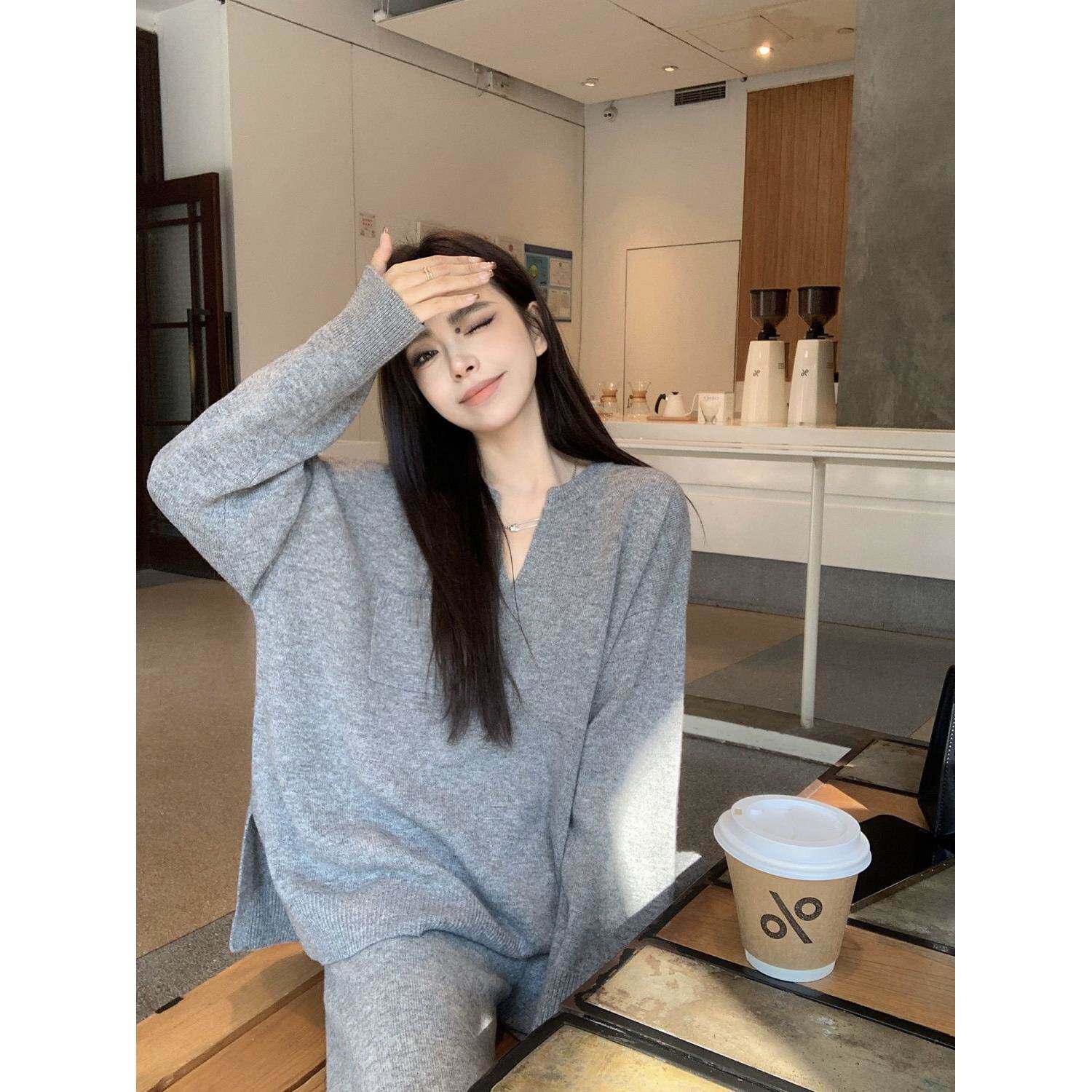 慵懒风领毛衣套装女春夏新款韩版宽松时尚气质针织阔腿裤两件套