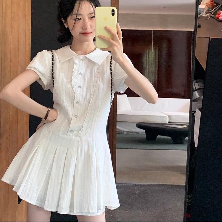 有内衬学院风衬衫连衣裙女夏季收腰小个子设计感翻领泡泡袖短