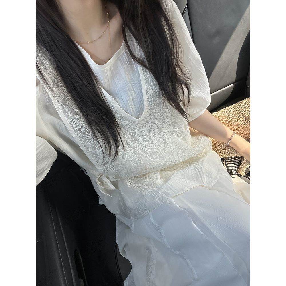 蕾丝拼接假两件雪纺衫女短袖2026新款夏季宽松高级感洋气小衫上衣