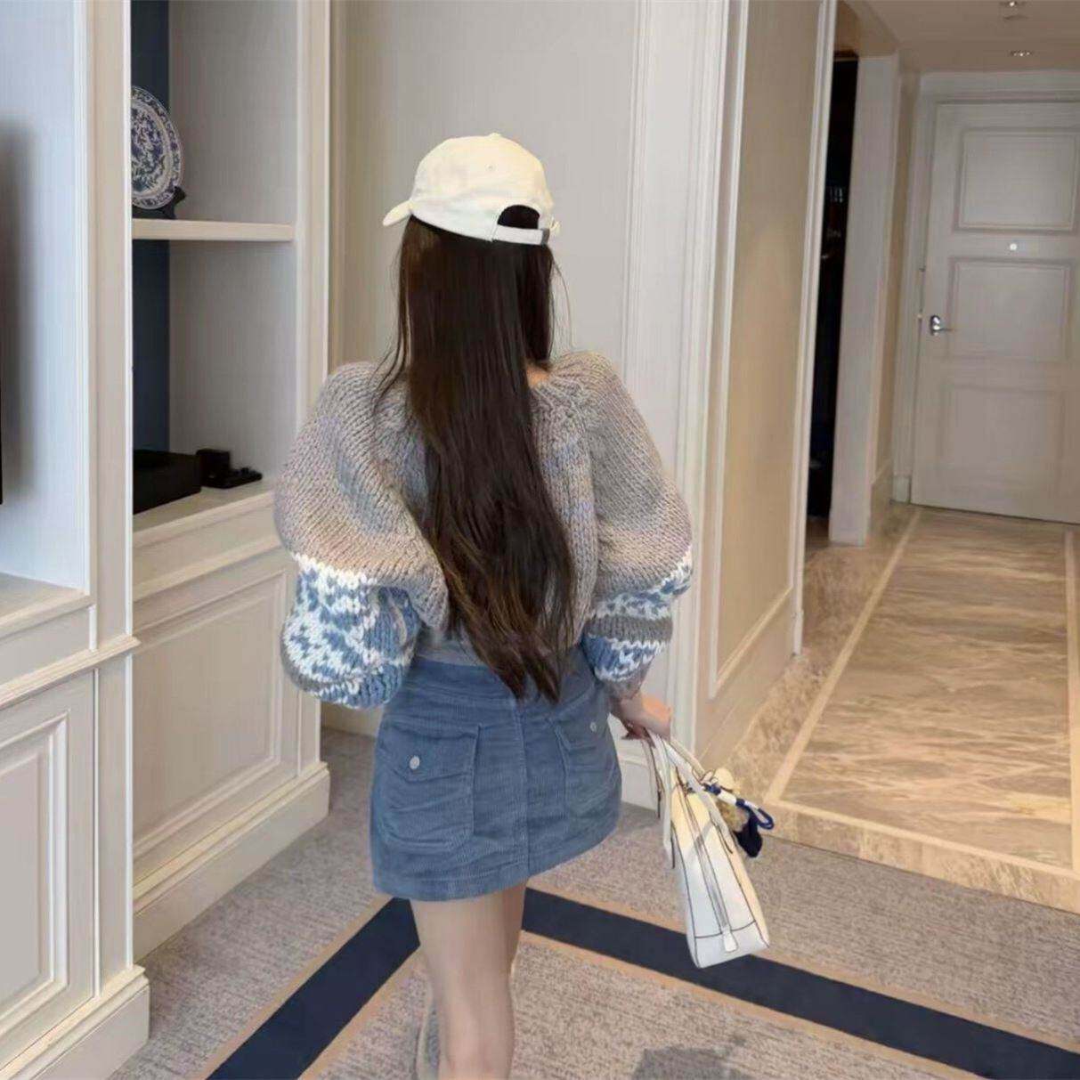 设计感几何图案针织衫毛衣外套内搭吊带背心短款半身裙三件套女秋