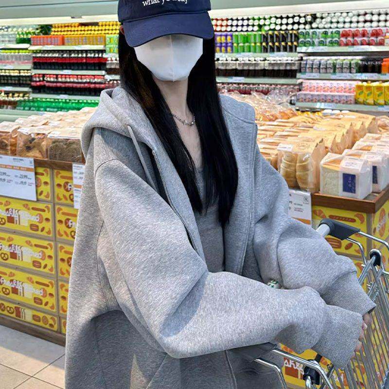 浅灰色运动卫衣女春夏季2026新款宽松休闲小个子开衫拉链连帽外套