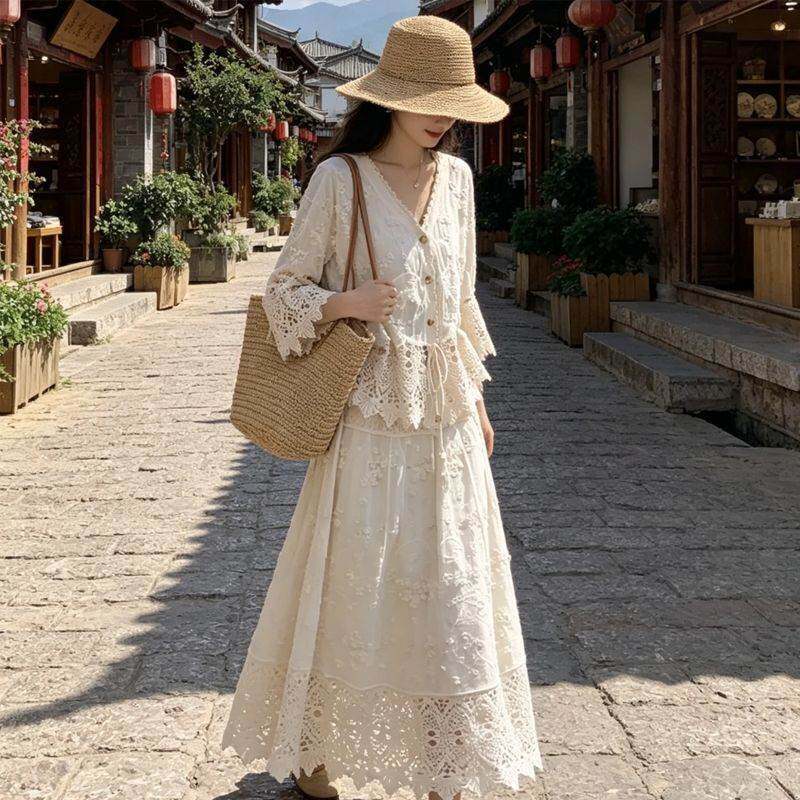 重工立体刺绣小花朵镂空开衫抽绳系腰上衣加半身裙套装两件套
