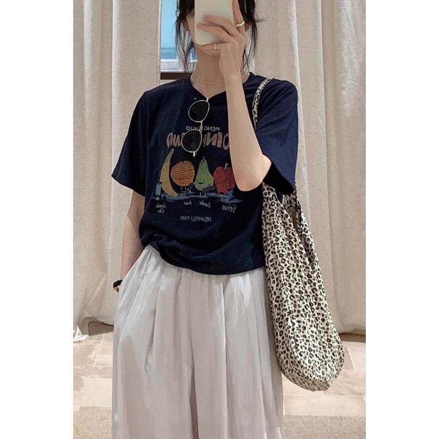 韩系蓝色水果印花短袖恤女宽松休闲百搭显瘦设计感上衣2026夏季