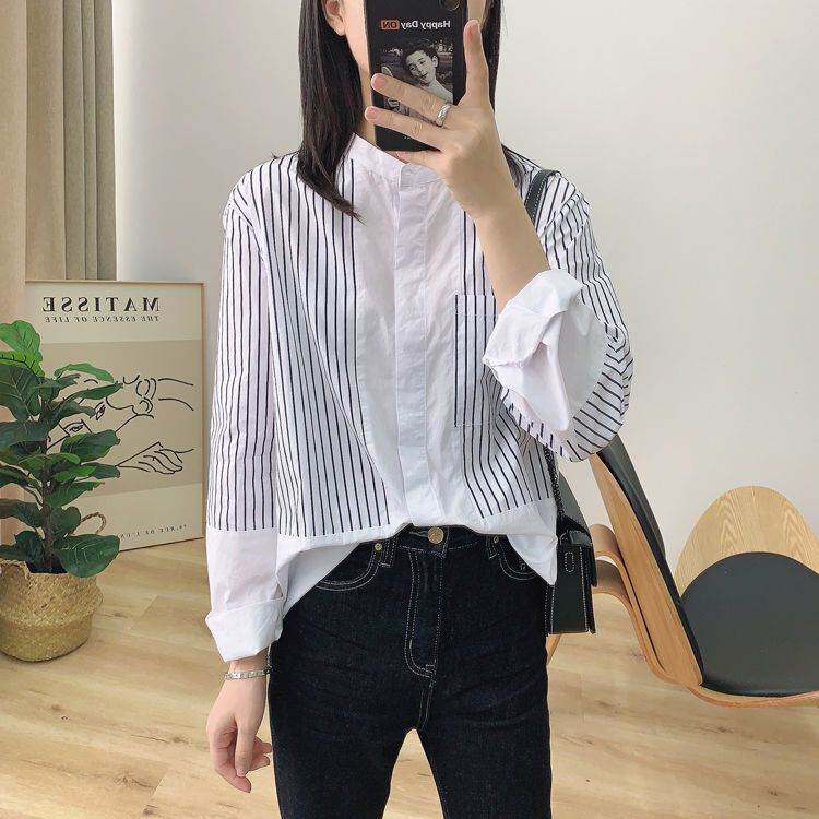 2026韩版气质条纹拼接立领长袖衬衫打底休闲衬衣女