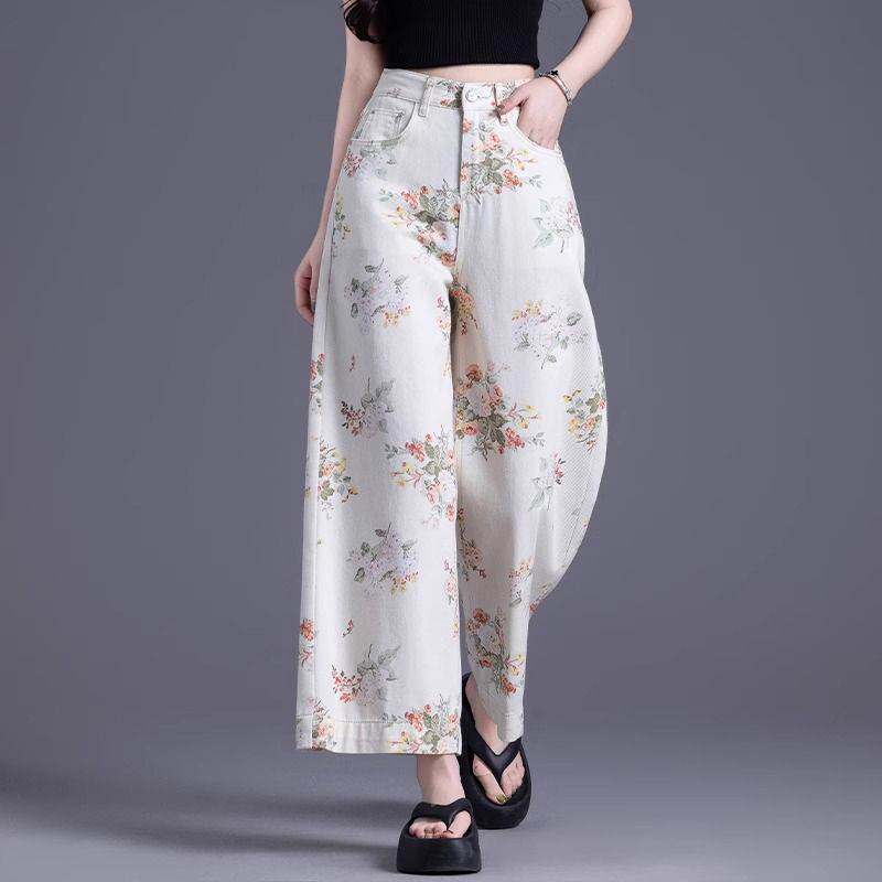 白色印花阔腿牛仔裤女2026新款夏季薄款女裤九分高腰碎花直筒裤子