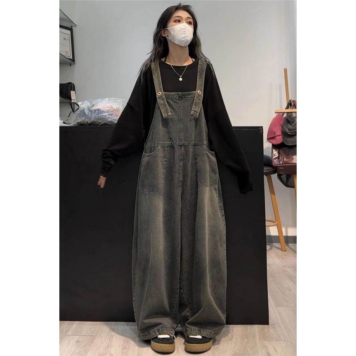 做旧直筒水洗加厚牛仔背带裤女潮春夏时尚高腰宽松阔腿牛仔裤