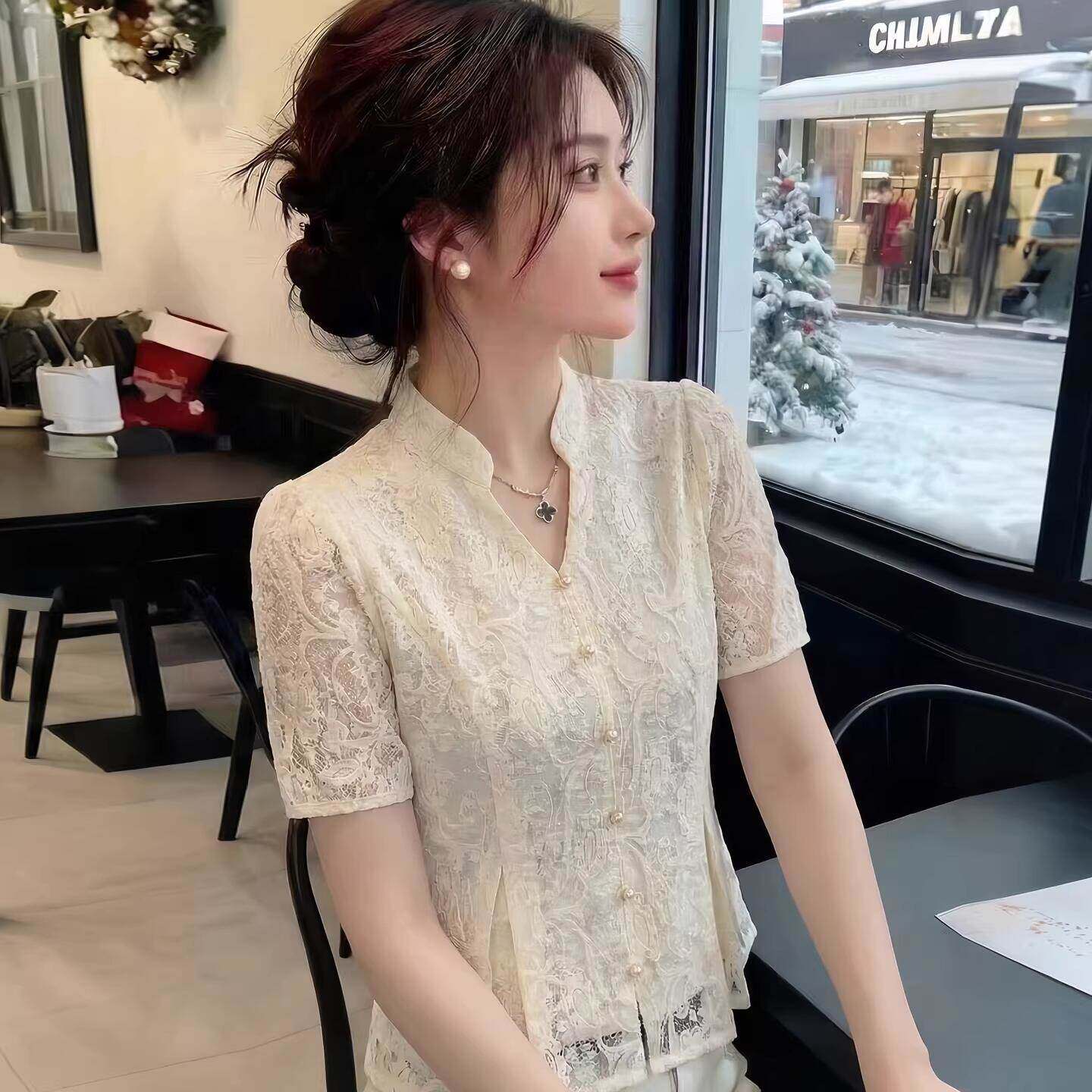 短袖衬衫法式温柔风钩花女夏季新款捏褶修身遮肉显瘦百搭气质上衣