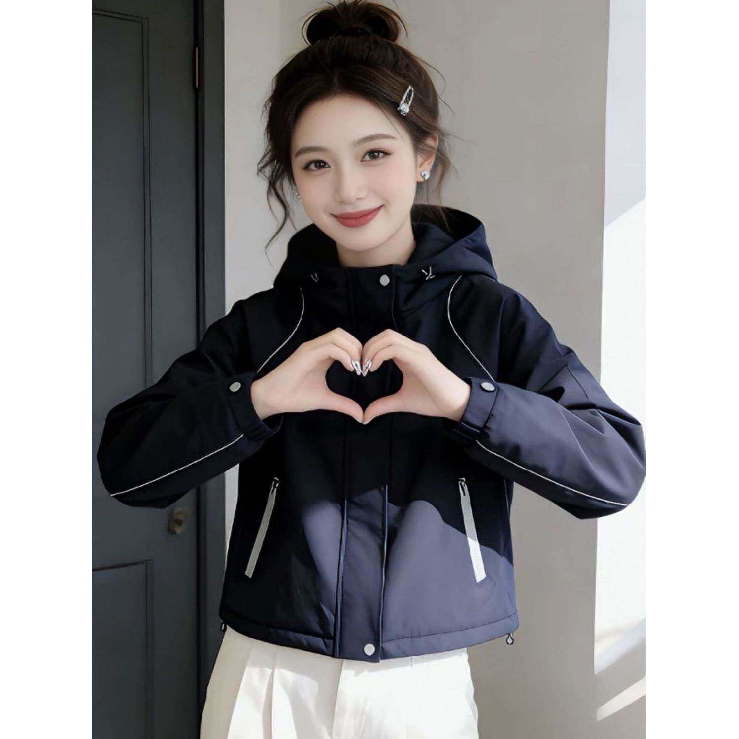 加棉加厚外套女2026秋冬新款时尚减龄连帽短外套运动夹克潮