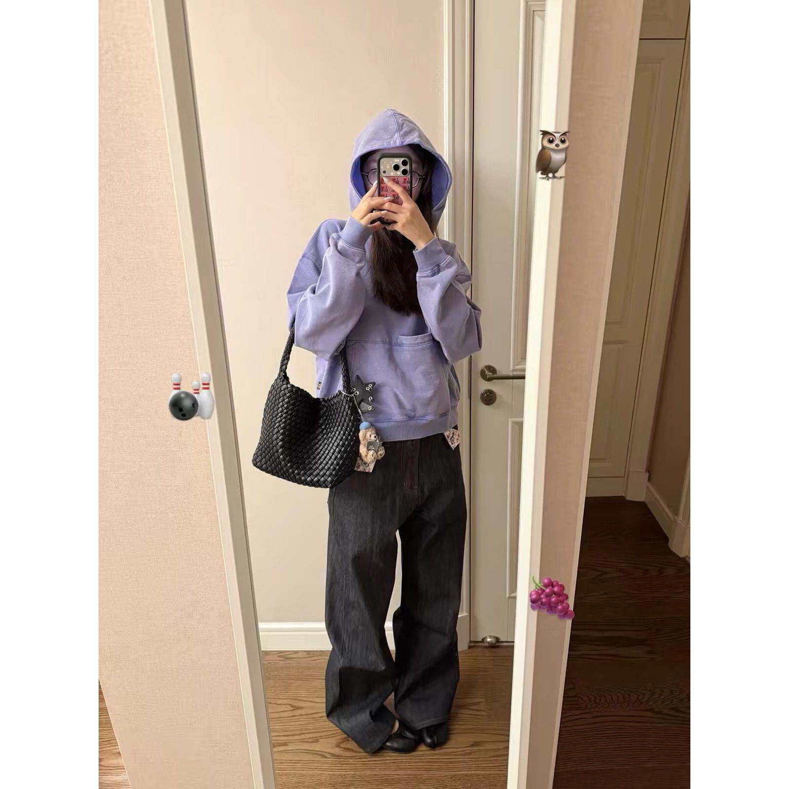 美式复古水洗做旧紫色连帽卫衣女春秋季宽松纯色套头休闲上衣外套