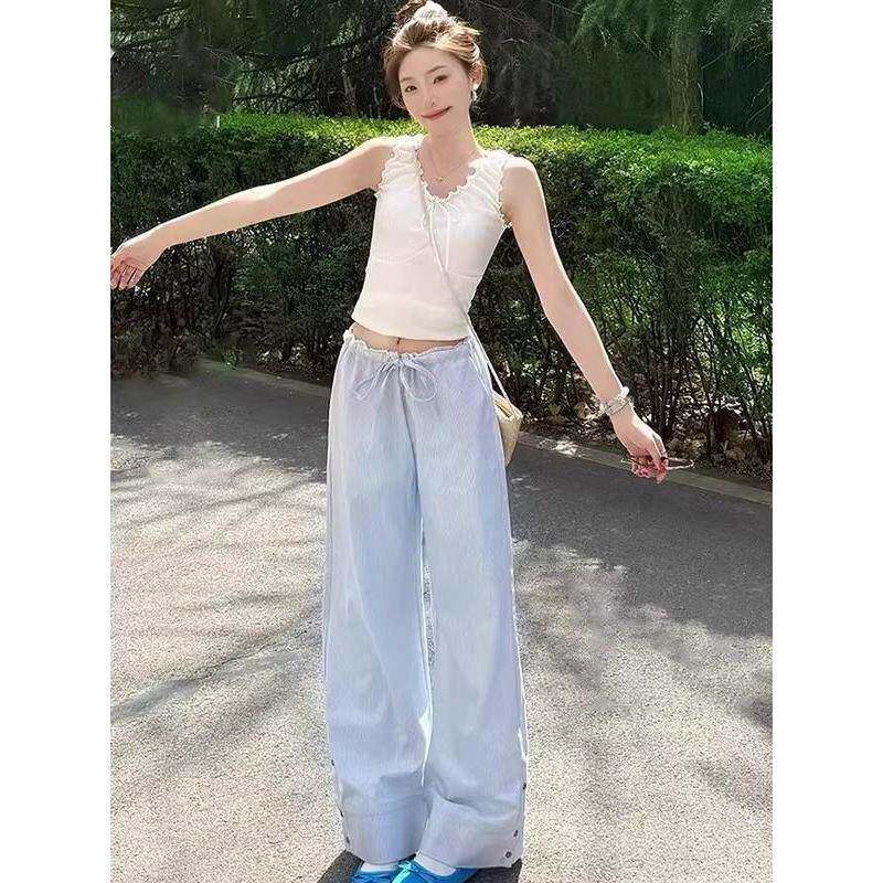 韩系蓝色低腰条纹阔腿休闲裤女秋季新款宽松显瘦垂感直筒拖地裤子