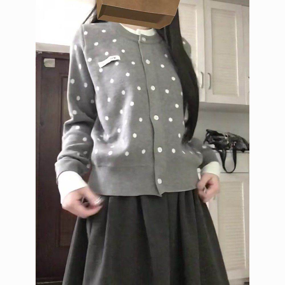 新款灰色波点假两件毛衣开衫女春秋休闲慵懒外穿针织外套上衣