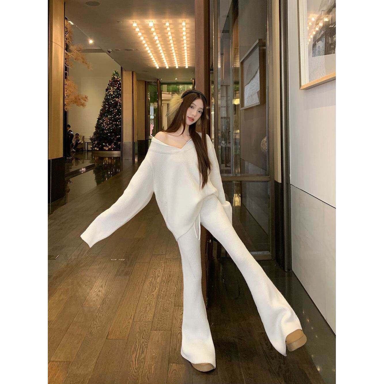 白色慵懒风软糯领时尚套装女春夏新款宽松外穿休闲阔腿裤两件套