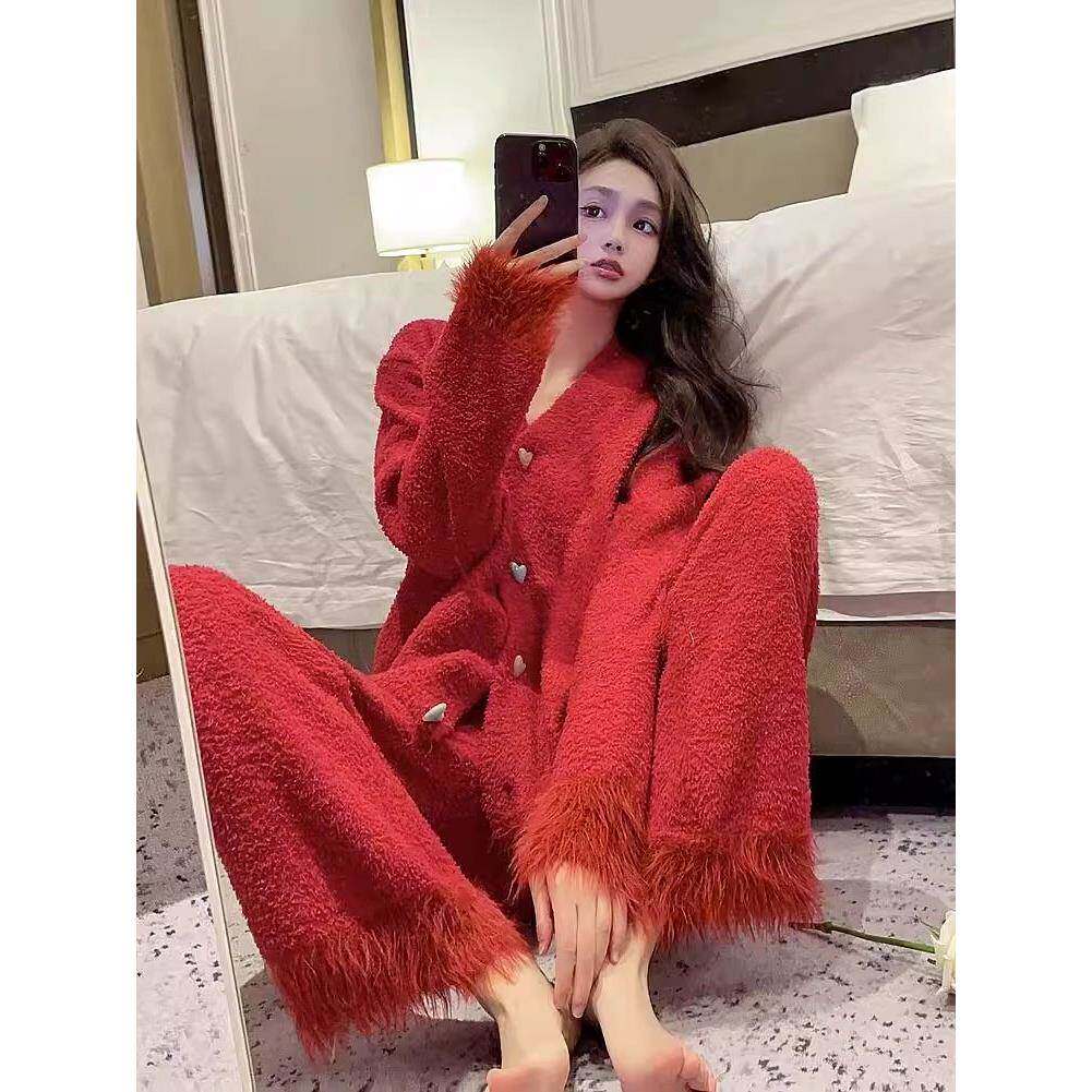 红色性感鸵鸟毛睡衣女秋冬加绒半边绒200斤家居服套装结婚本命年
