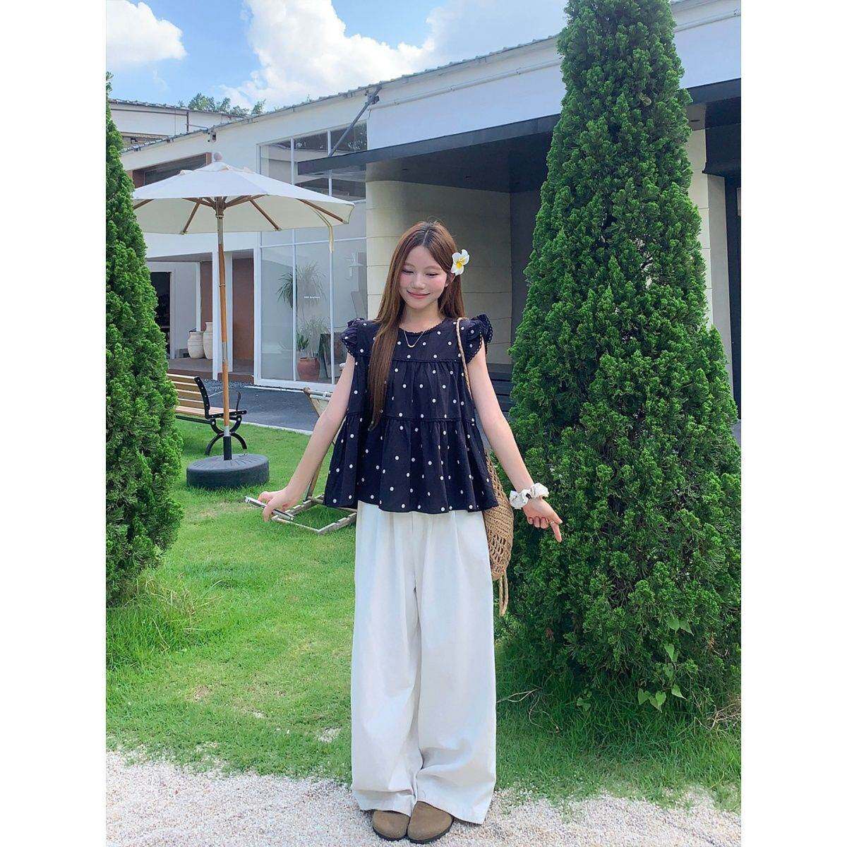 韩系蕾丝花边圆领波点娃娃衫女夏季新款小飞袖宽松减龄休闲上衣