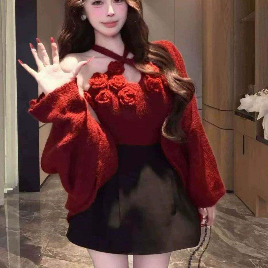 韩系立体花朵针织套装女秋冬氛围感显瘦挂脖背心毛衣开衫两件套
