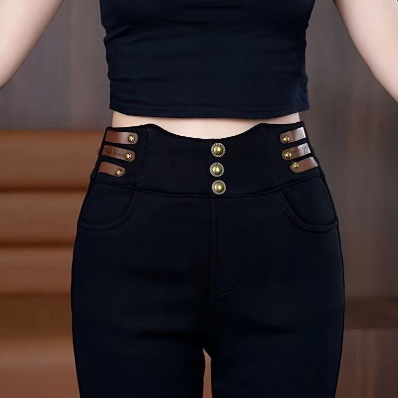 牛仔微喇鱼尾裤女高弹力显瘦松紧高腰春秋款外穿百搭黑色喇叭裤女
