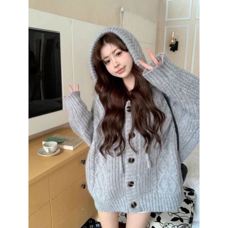 韩版感麻花连帽毛衣外套女秋冬加厚慵懒风中长款宽松针织开衫