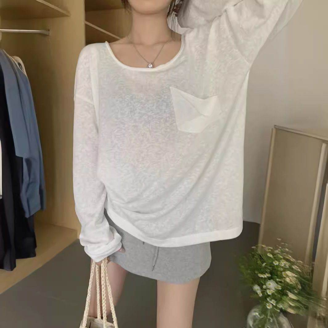 宽松女装薄款罩衫风夏季恤上衣透视感长袖轻薄慵懒白色松弛防晒