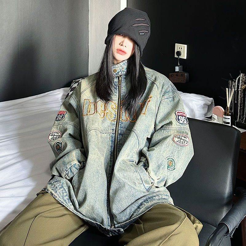 美拉德美式复古刺绣贴标立领水洗牛仔夹克男新款痞帅机车服外套