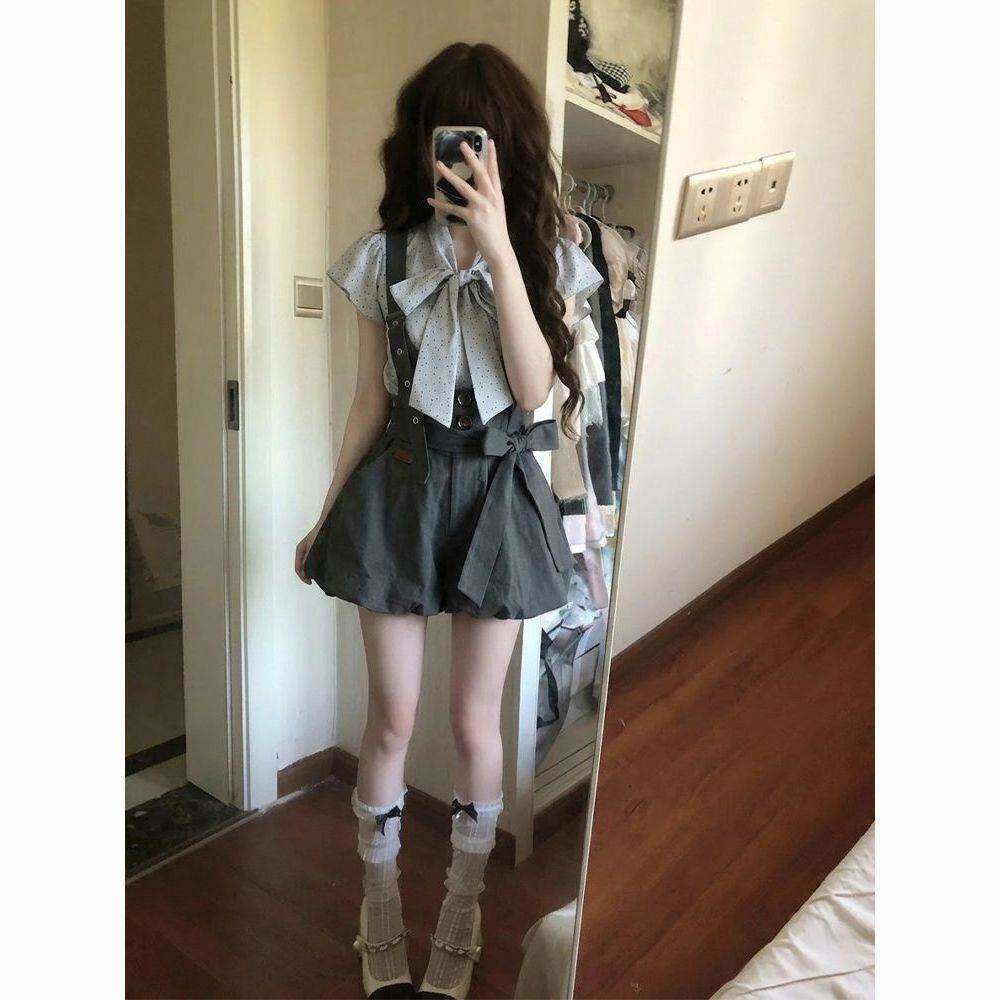小个子学院风绑带衬衫花苞收腰背带裤两件套装女