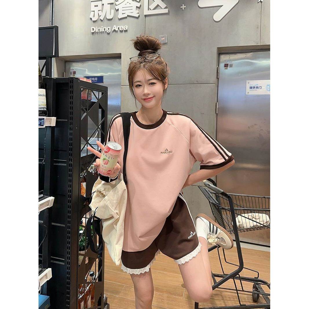 美式学院运动服套装女学生高档棉韩版慵懒风宽松夏季短袖两件套