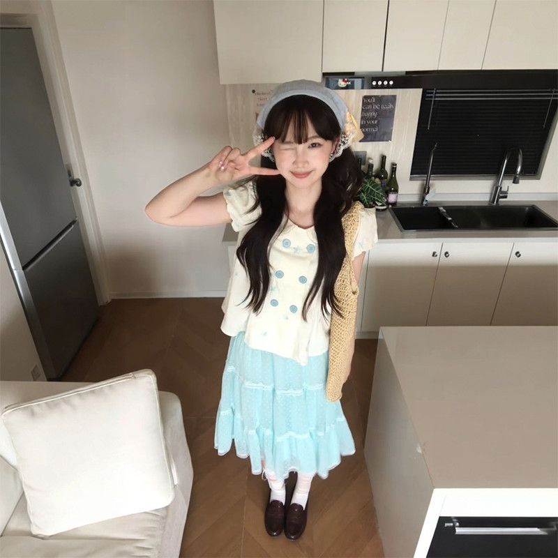韩系田园风小清新穿搭双排扣娃娃领衬衫上衣女搭配高腰波点半身裙