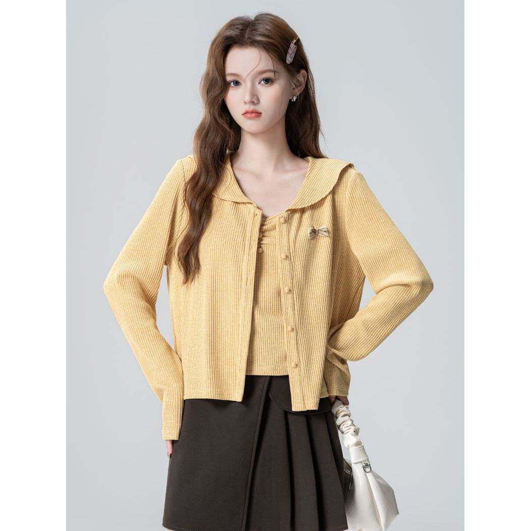 黄色娃娃领针织开衫女2026春秋新款吊带背心两件套装短款外穿上衣