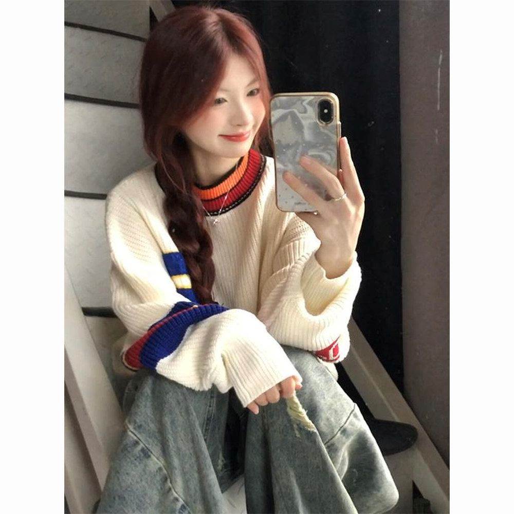新款美式复古仿半高领羽毛球撞色保暖宽松圆领套头毛衣男女