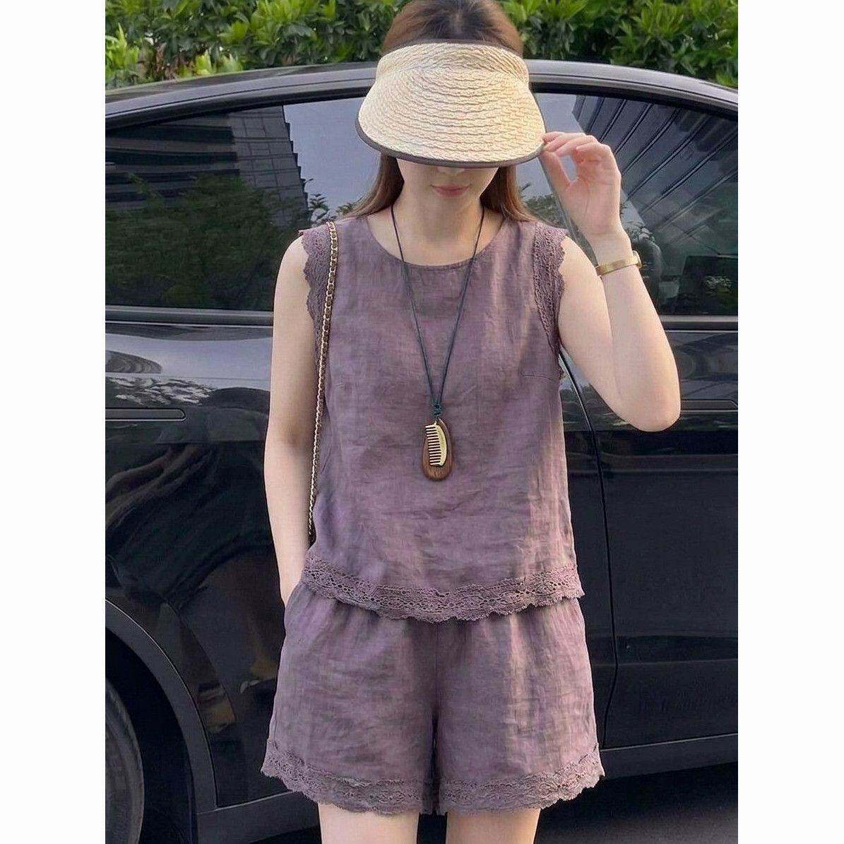 夏季新款棉麻休闲套装女时尚宽松恤阔腿短裤纯色两件套