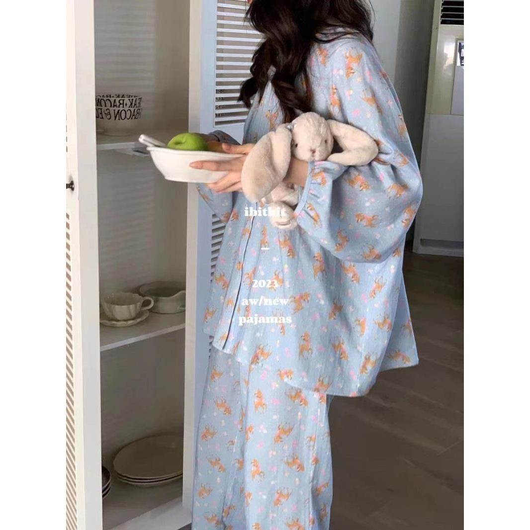 可爱小鹿睡衣女春春季新款长袖开衫风学生宿舍套装家居服外穿