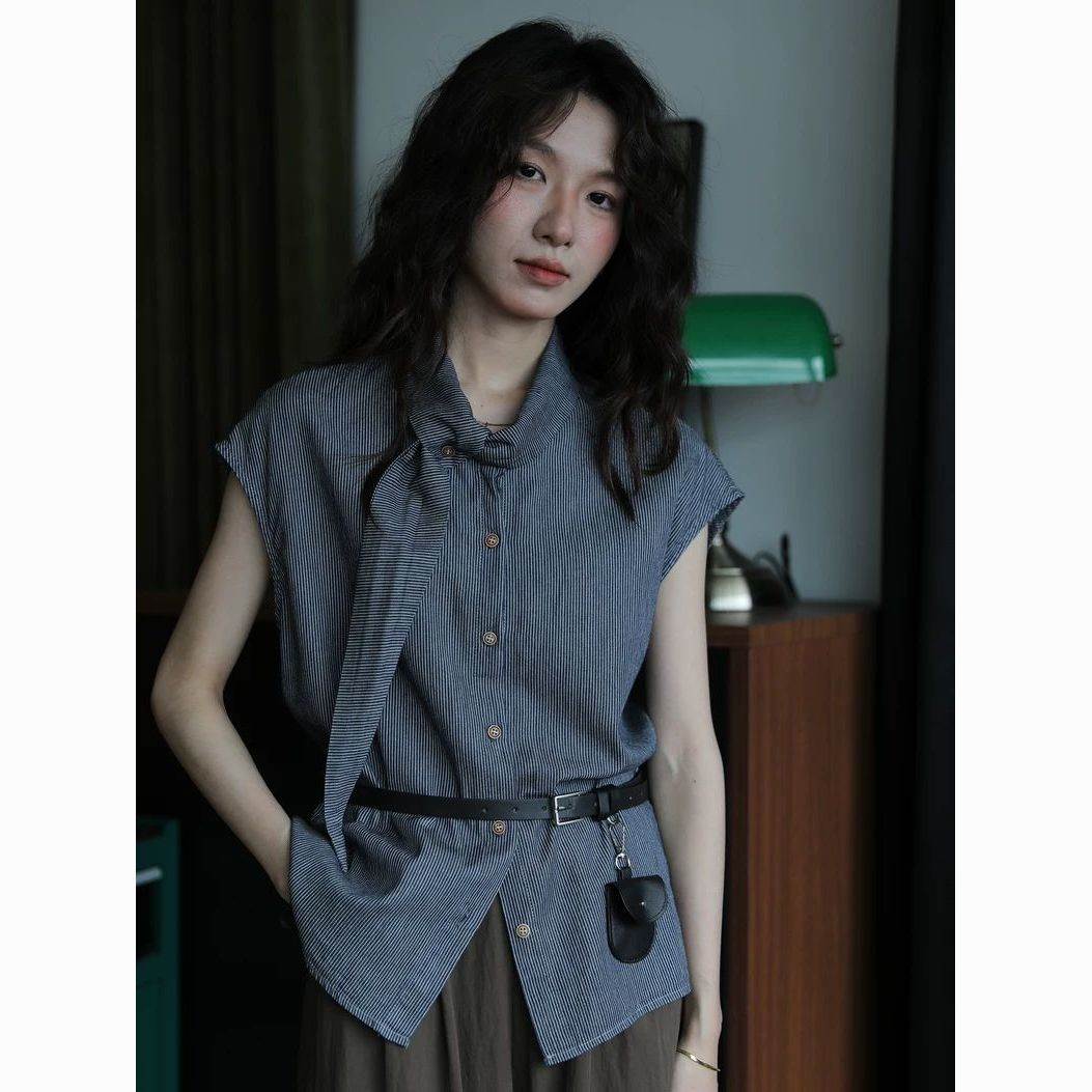 送腰带设计感系带蝴蝶结条纹连袖衬衫女夏季新款简约百搭宽松上衣