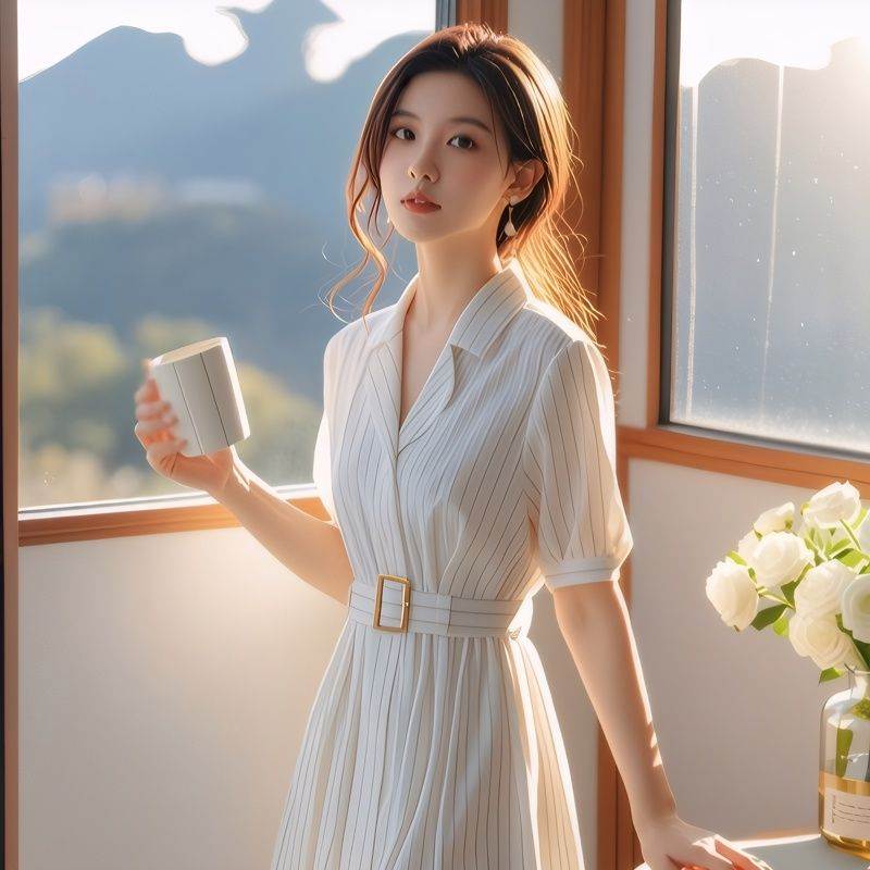 夏季2026新款小个子显高遮肉显瘦法式简单大方白色条纹连衣裙子女