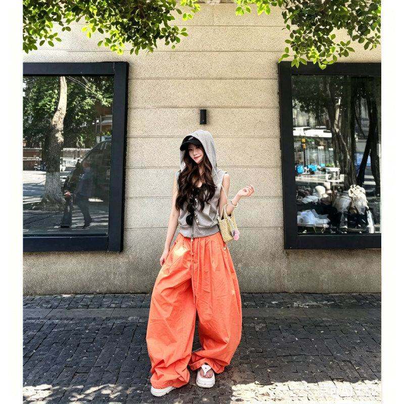 时尚韩系连帽无袖背心阔腿裤套装女夏季宽松休闲两件套辣妹果汁系