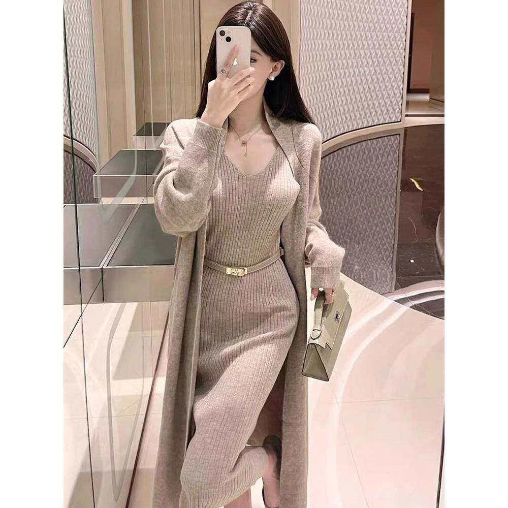 复古名媛针织吊带连衣裙套装女春夏新款爆款显瘦毛衣开衫两件套潮