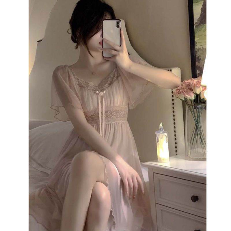 带胸垫睡裙女夏季新款短袖蕾丝网纱可爱甜美公主风薄款睡衣女夏天