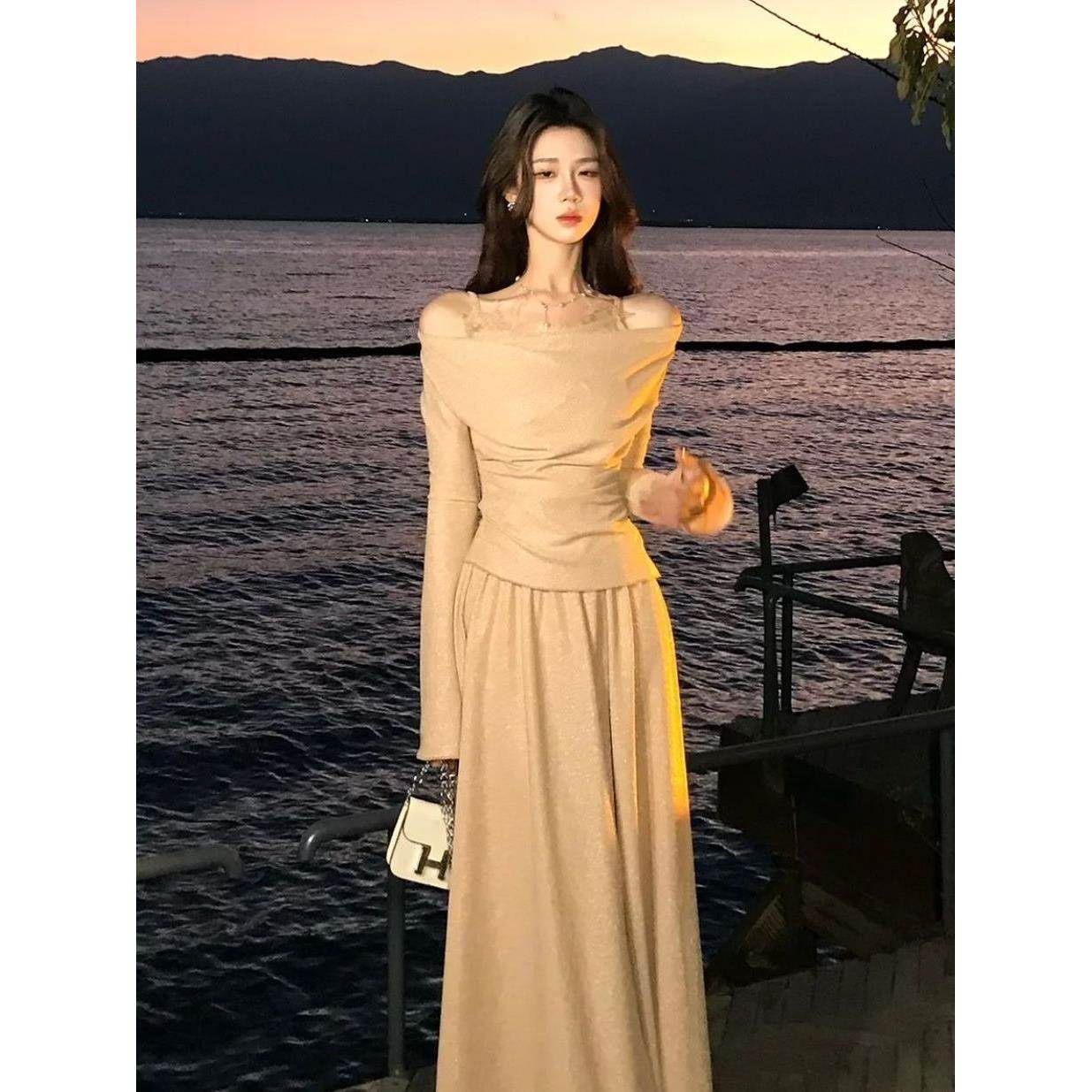 杏影凝香春秋韩版堆堆领蕾丝花边拼接上衣垂感半身裙网红两件套潮