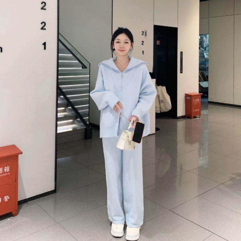 休闲运动针织套装女春夏新款韩版宽松慵懒风拖地阔腿裤长裤两件套