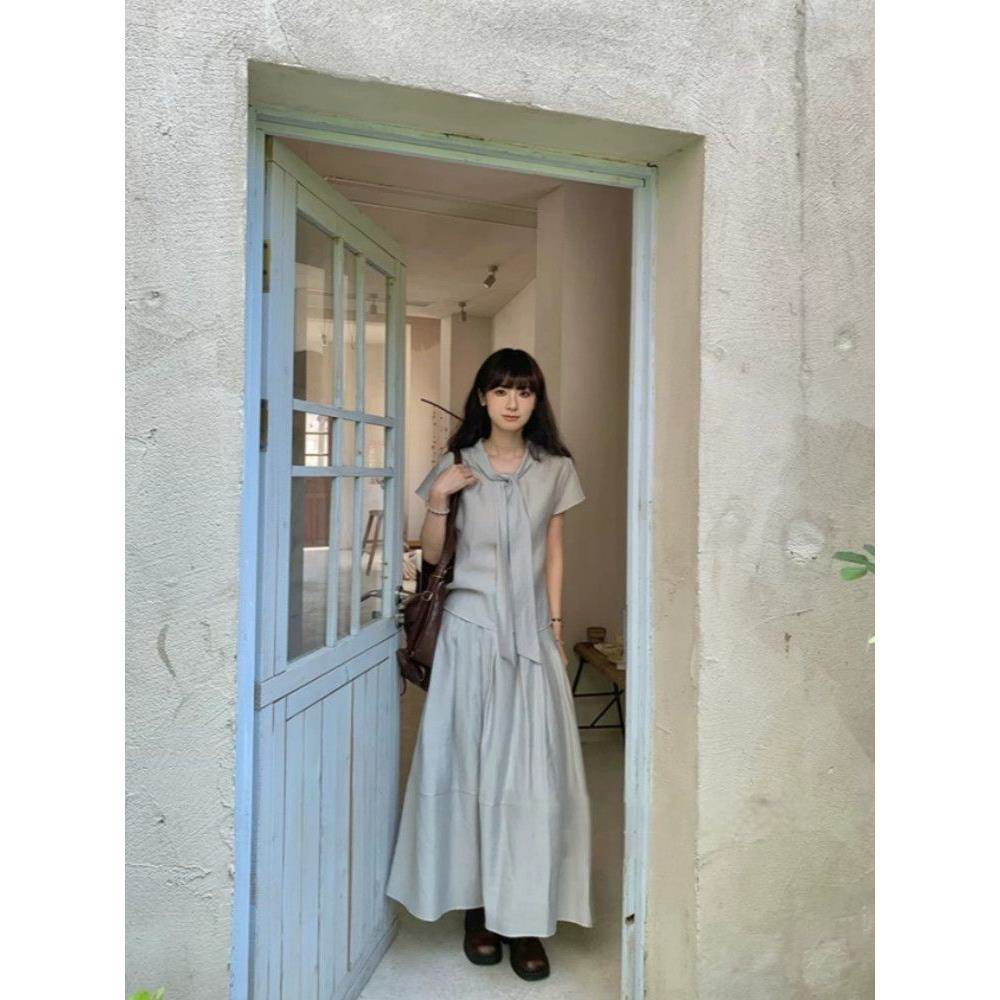 热嘉短袖衬衫上衣女长款精致绝美半身裙子韩系气质显瘦两件套装