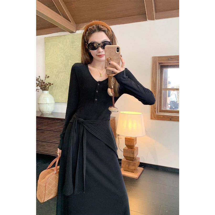 韩系披肩黑色领针织长袖连衣裙两件套女春秋修身收腰内搭长裙子