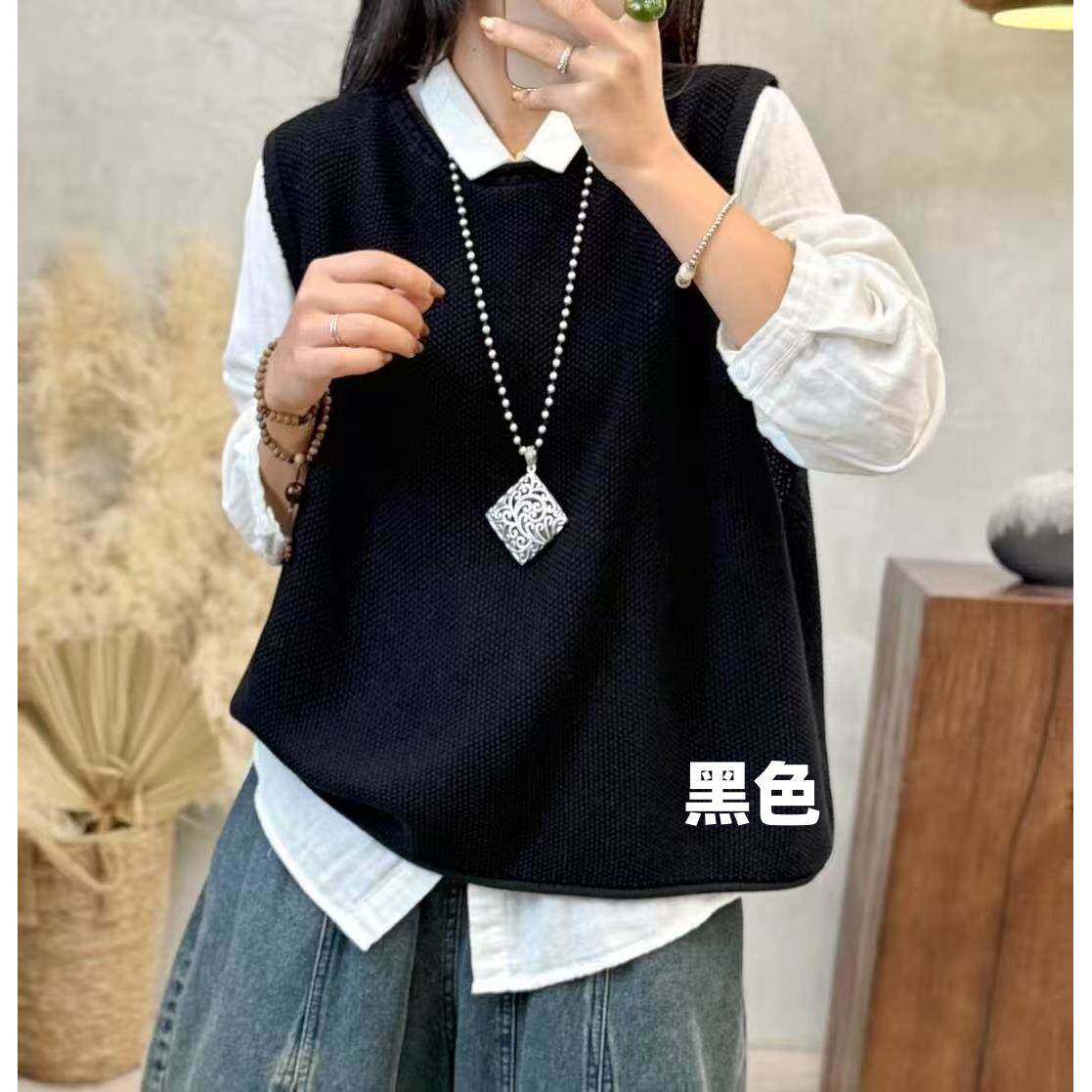 棉线针织马甲背心针织衫女圆领套头宽松春季新复古休闲百搭叠穿