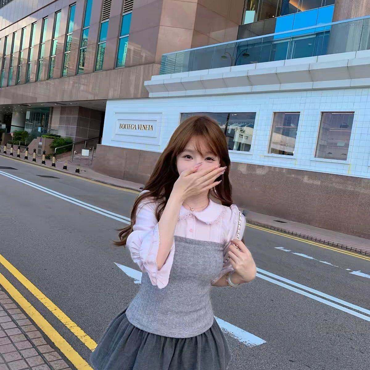 学院信笺粉色娃娃领针织拼接衬衫女秋冬收腰显瘦上衣