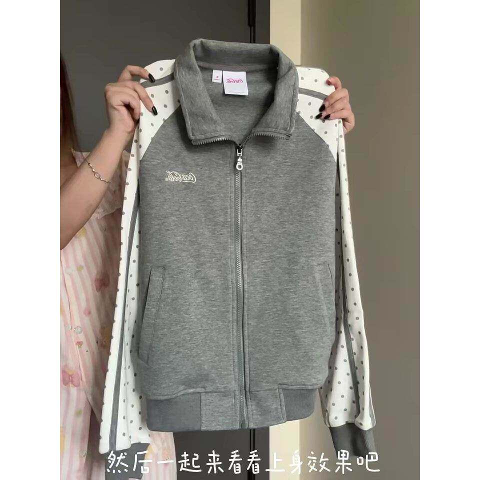 灰色拼接波点立领棒球服女秋冬学院风休闲减龄显瘦拉链上衣