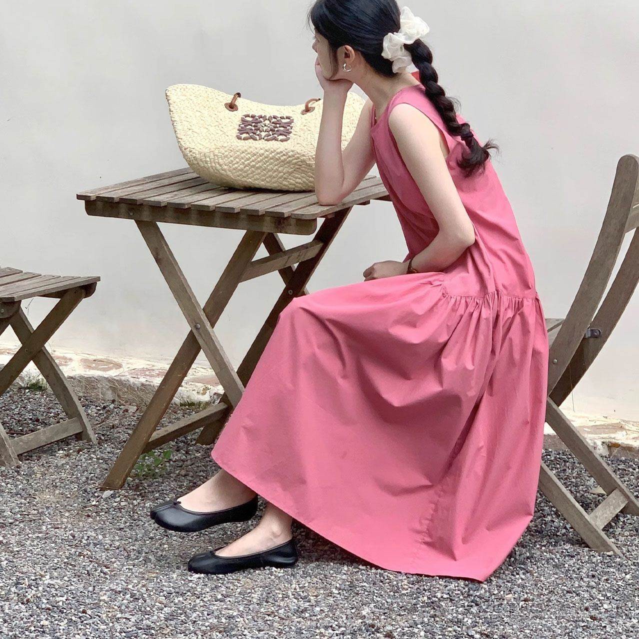 少女感不规则背心裙中长款连衣裙夏季新款圆领高级感宽松气质长裙